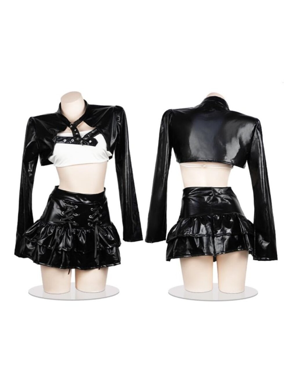 Women's Devil Witch Costume 2pc Faux Leather Crop Jacket Ruffle Mini Skirt